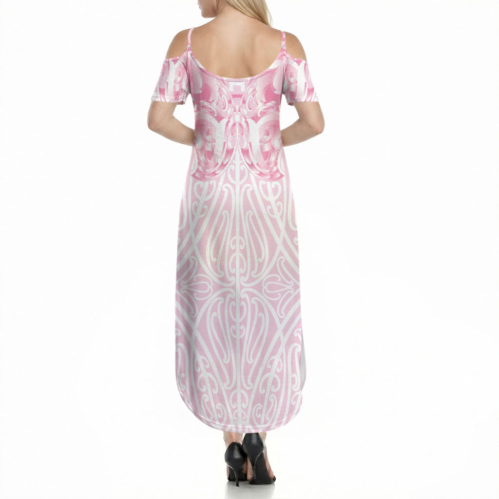 Aotearoa Kowhaiwhai Poutama Pink Motif Summer Maxi Dress