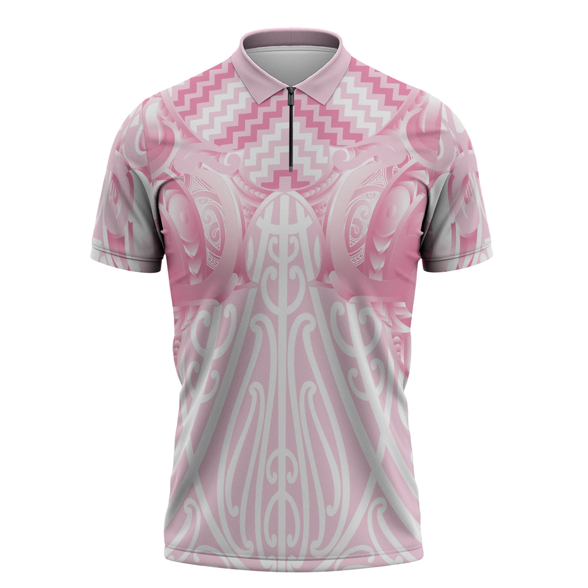 Aotearoa Kowhaiwhai Poutama Pink Motif Zipper Polo Shirt LT9 Pink - Polynesian Pride