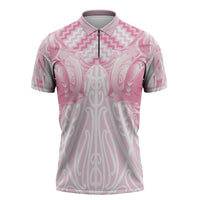 Aotearoa Kowhaiwhai Poutama Pink Motif Zipper Polo Shirt LT9 Pink - Polynesian Pride