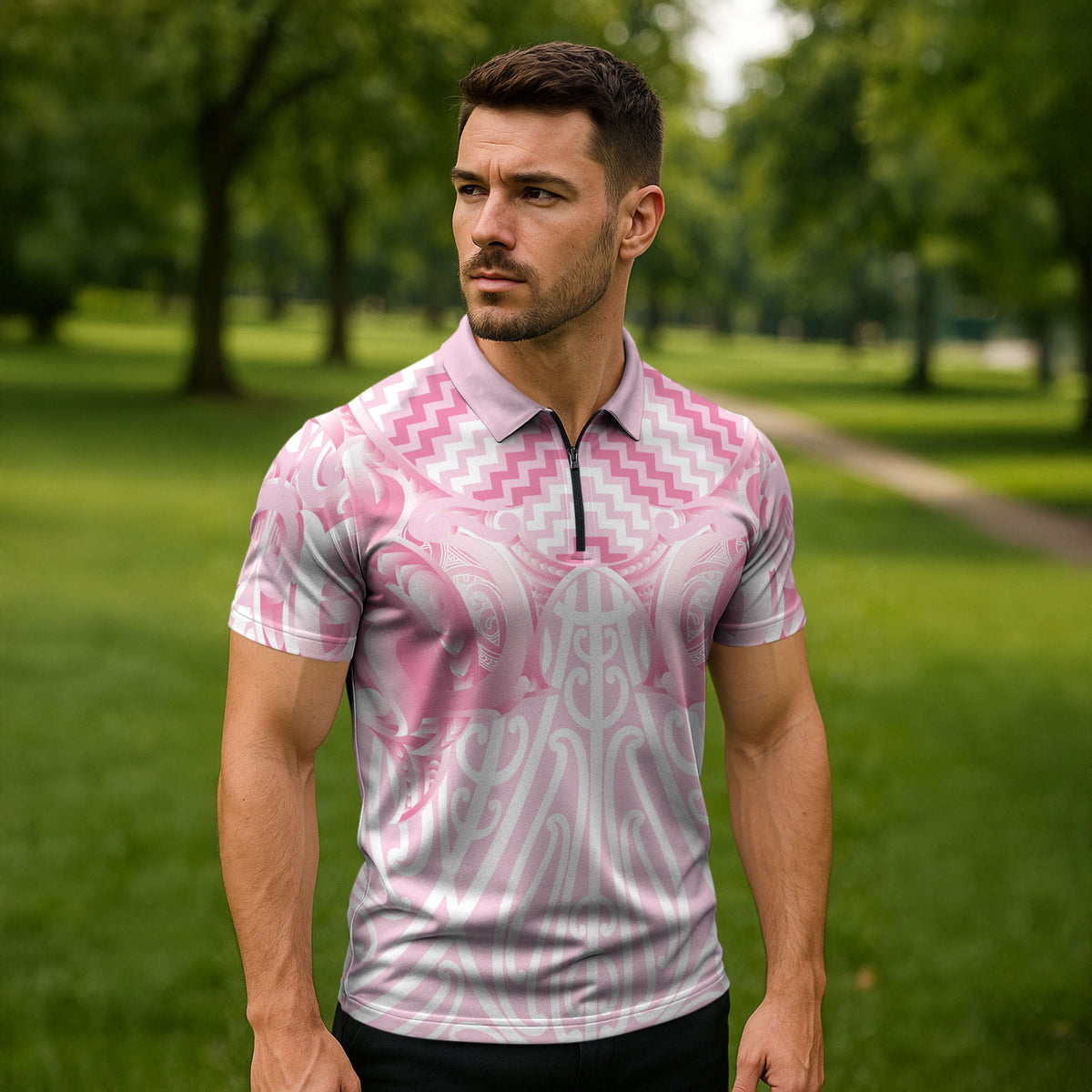 Aotearoa Kowhaiwhai Poutama Pink Motif Zipper Polo Shirt LT9 - Polynesian Pride