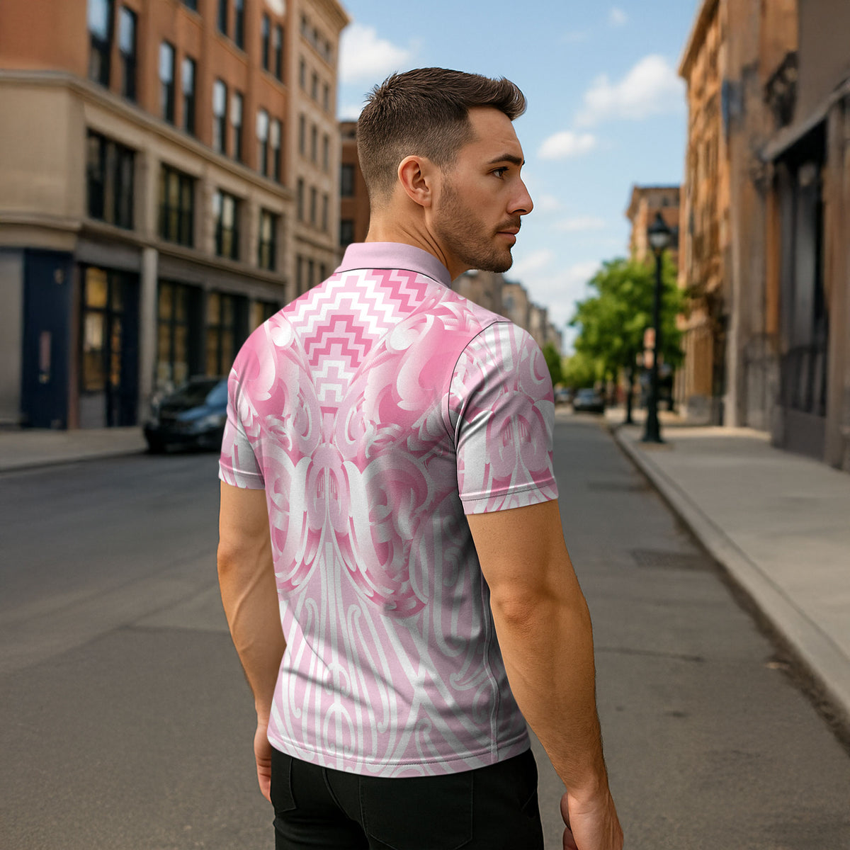 Aotearoa Kowhaiwhai Poutama Pink Motif Zipper Polo Shirt LT9 - Polynesian Pride