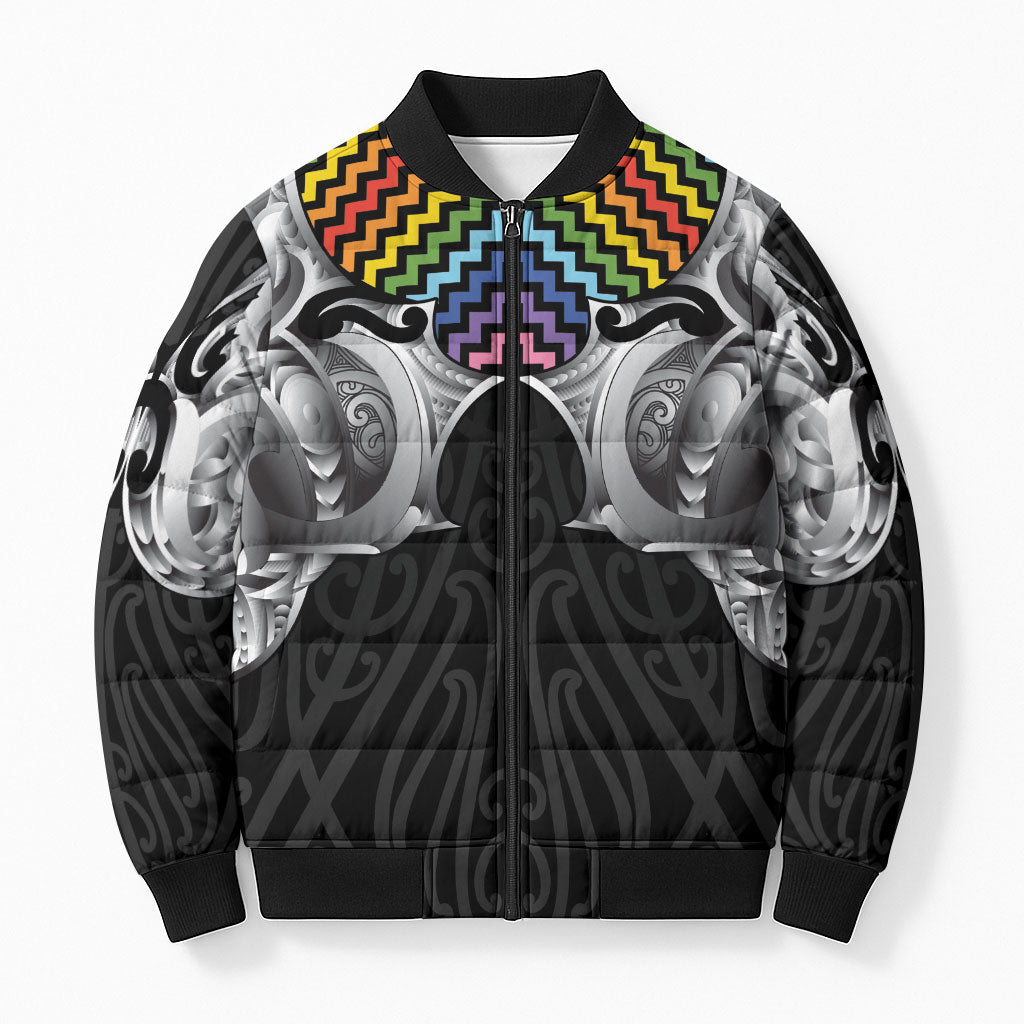 Aotearoa Kowhaiwhai Poutama Rainbow Motif Bomber Puffer Jacket