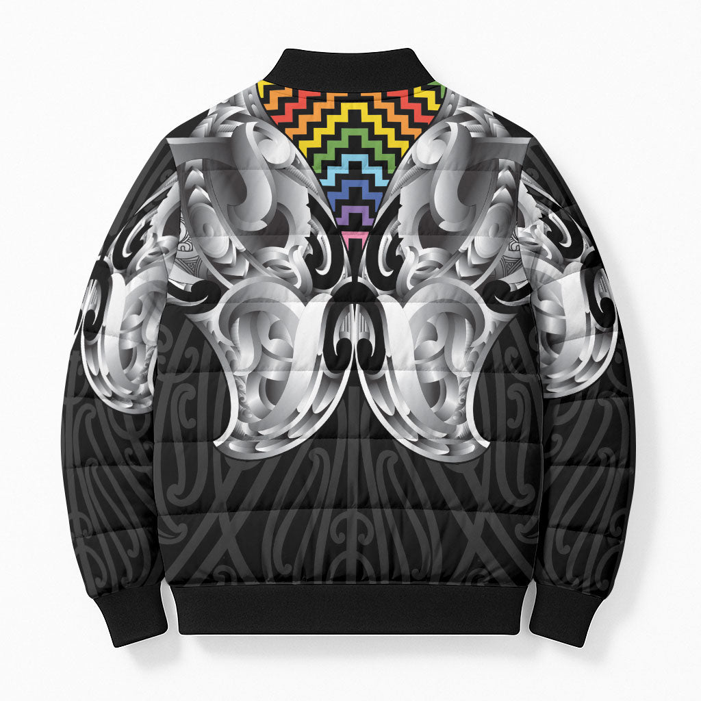 Aotearoa Kowhaiwhai Poutama Rainbow Motif Bomber Puffer Jacket
