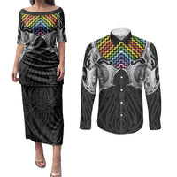 Aotearoa Kowhaiwhai Poutama Rainbow Motif Couples Matching Puletasi and Long Sleeve Button Shirt LT9 Rainbow - Polynesian Pride