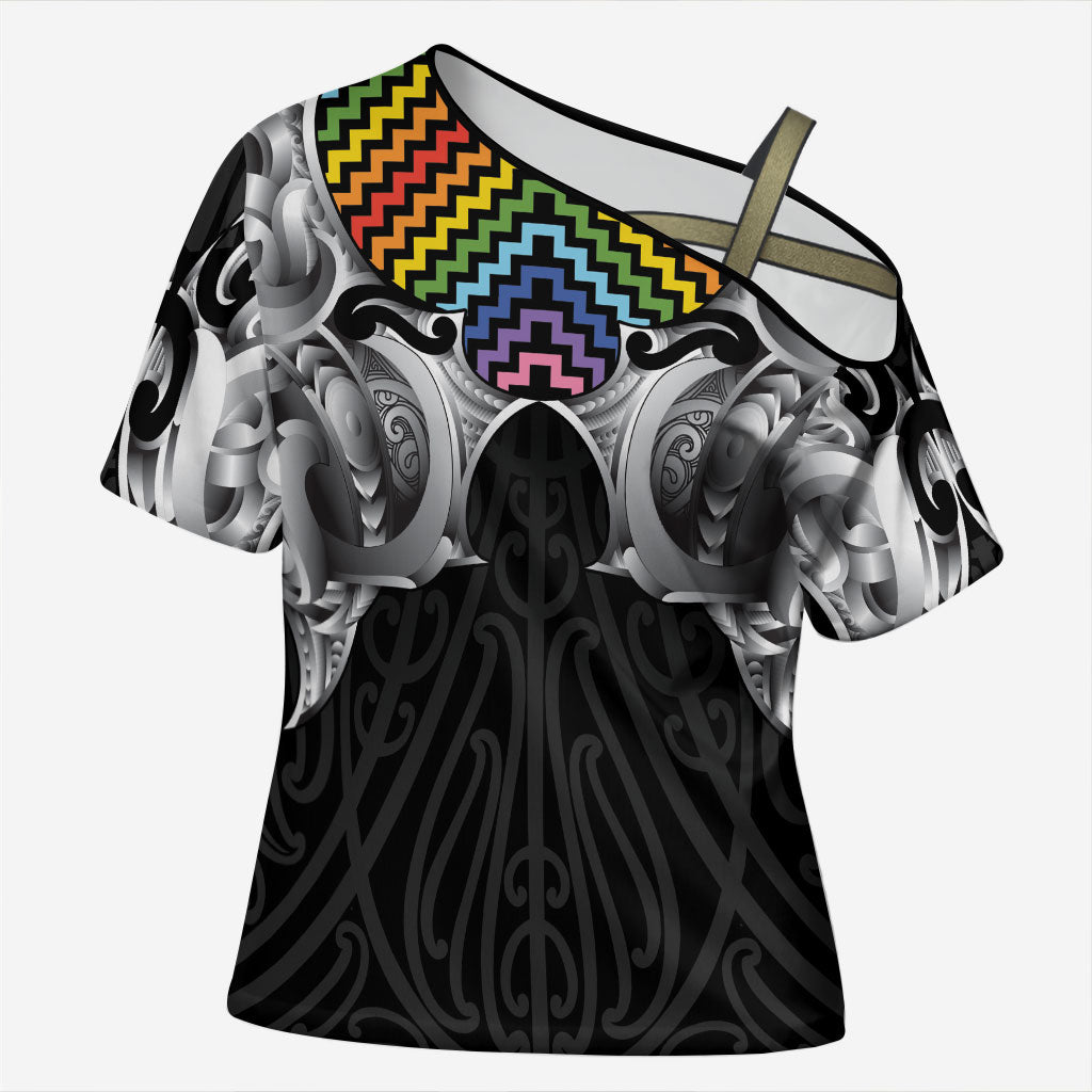 Aotearoa Kowhaiwhai Poutama Rainbow Motif Cross Shoulder Shirt LT9 Female Rainbow - Polynesian Pride