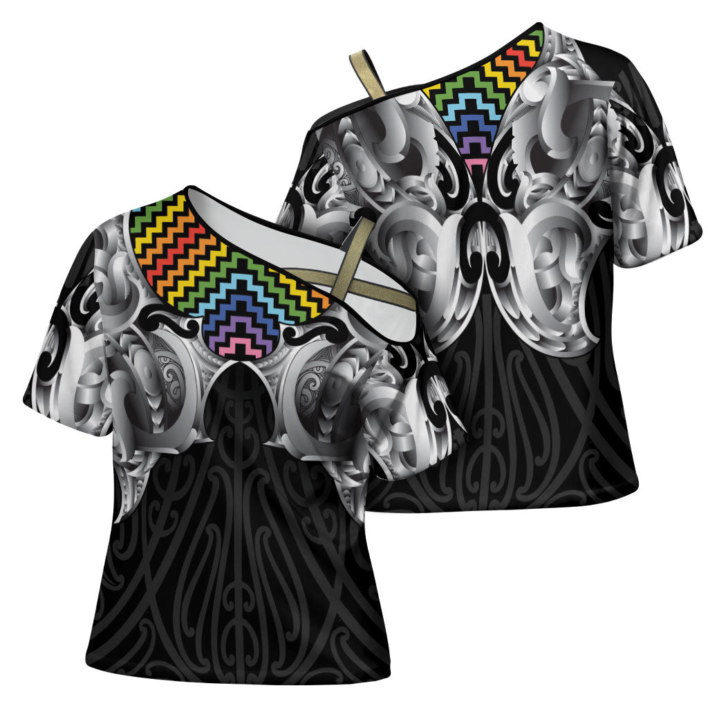 Aotearoa Kowhaiwhai Poutama Rainbow Motif Cross Shoulder Shirt