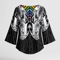 Aotearoa Kowhaiwhai Poutama Rainbow Motif Kimono Sleeve Blouse