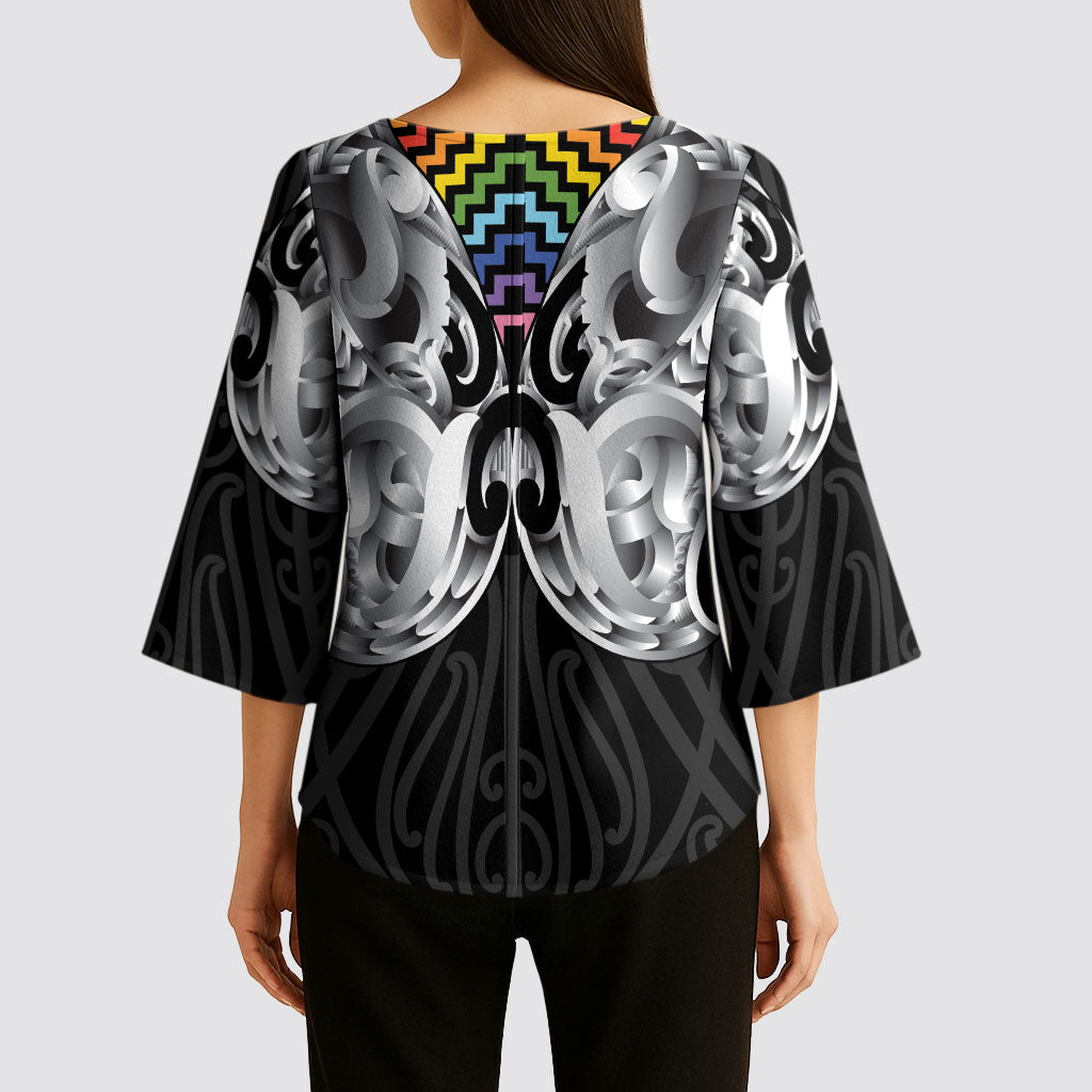 Aotearoa Kowhaiwhai Poutama Rainbow Motif Kimono Sleeve Blouse