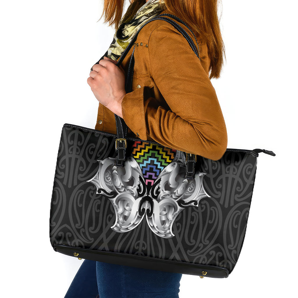 Aotearoa Kowhaiwhai Poutama Rainbow Motif Leather Tote Bag