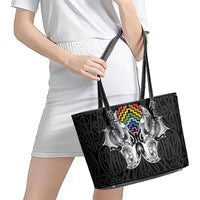 Aotearoa Kowhaiwhai Poutama Rainbow Motif Leather Tote Bag