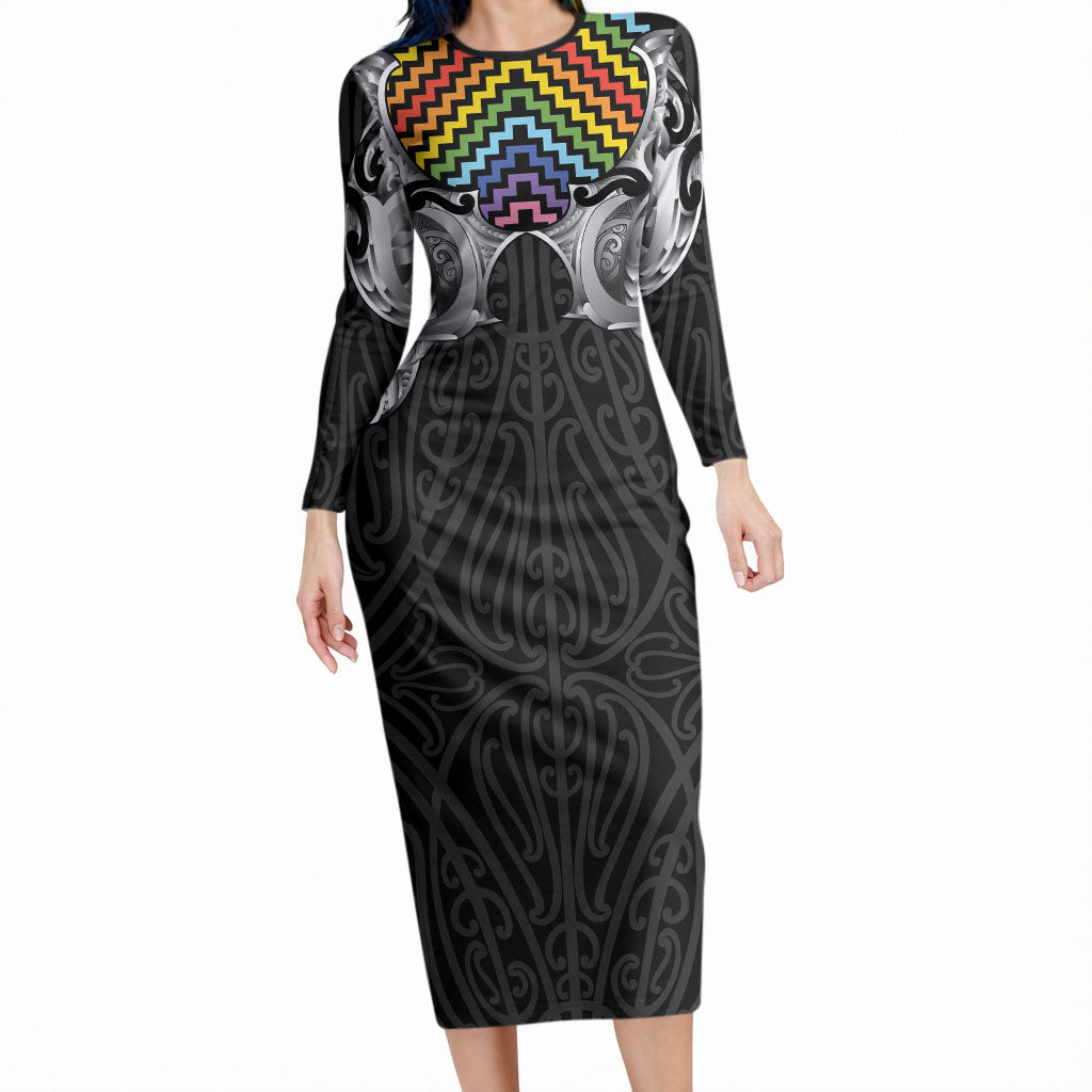 Aotearoa Kowhaiwhai Poutama Rainbow Motif Long Sleeve Bodycon Dress LT9 Long Dress Rainbow - Polynesian Pride