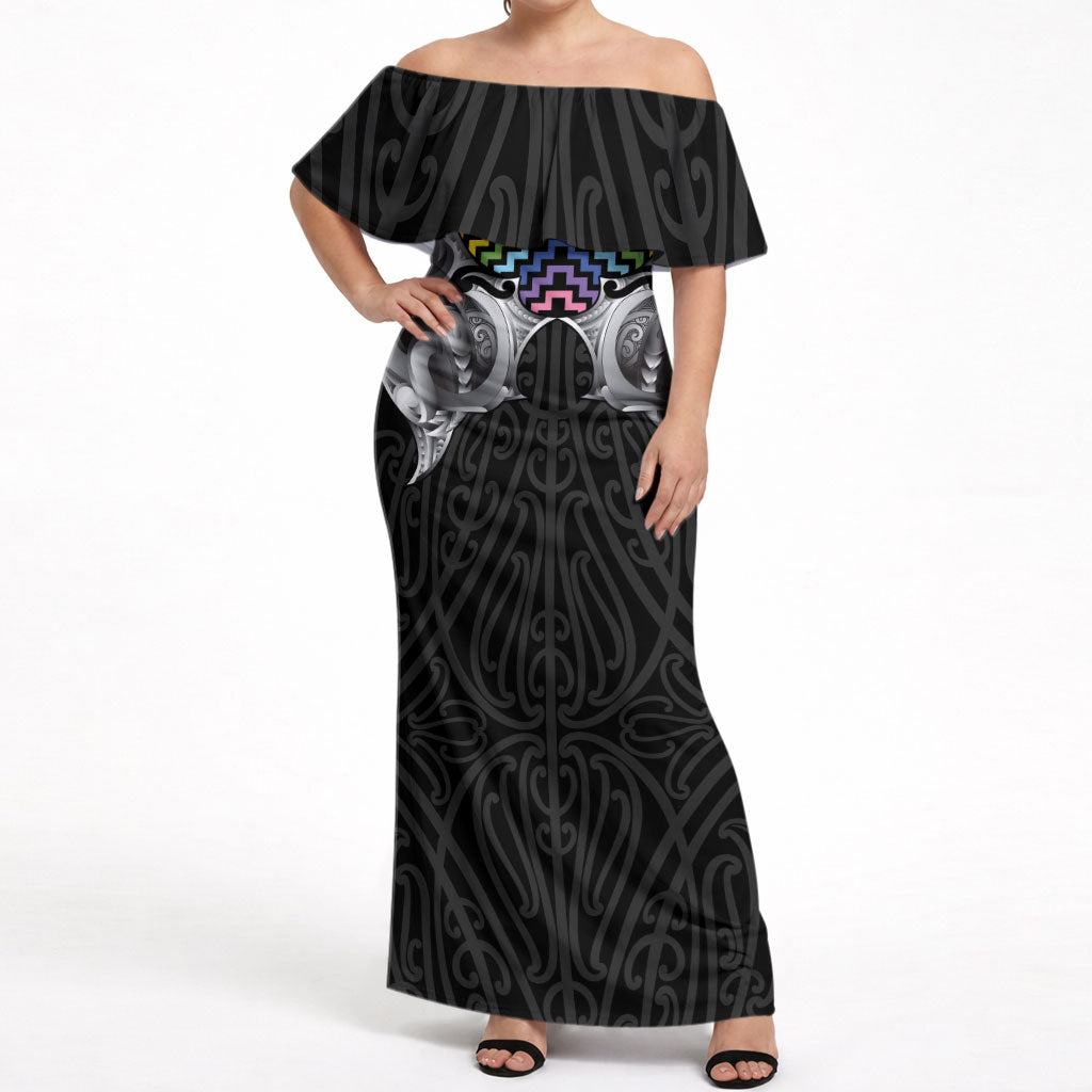 Aotearoa Kowhaiwhai Poutama Rainbow Motif Off Shoulder Maxi Dress