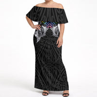 Aotearoa Kowhaiwhai Poutama Rainbow Motif Off Shoulder Maxi Dress