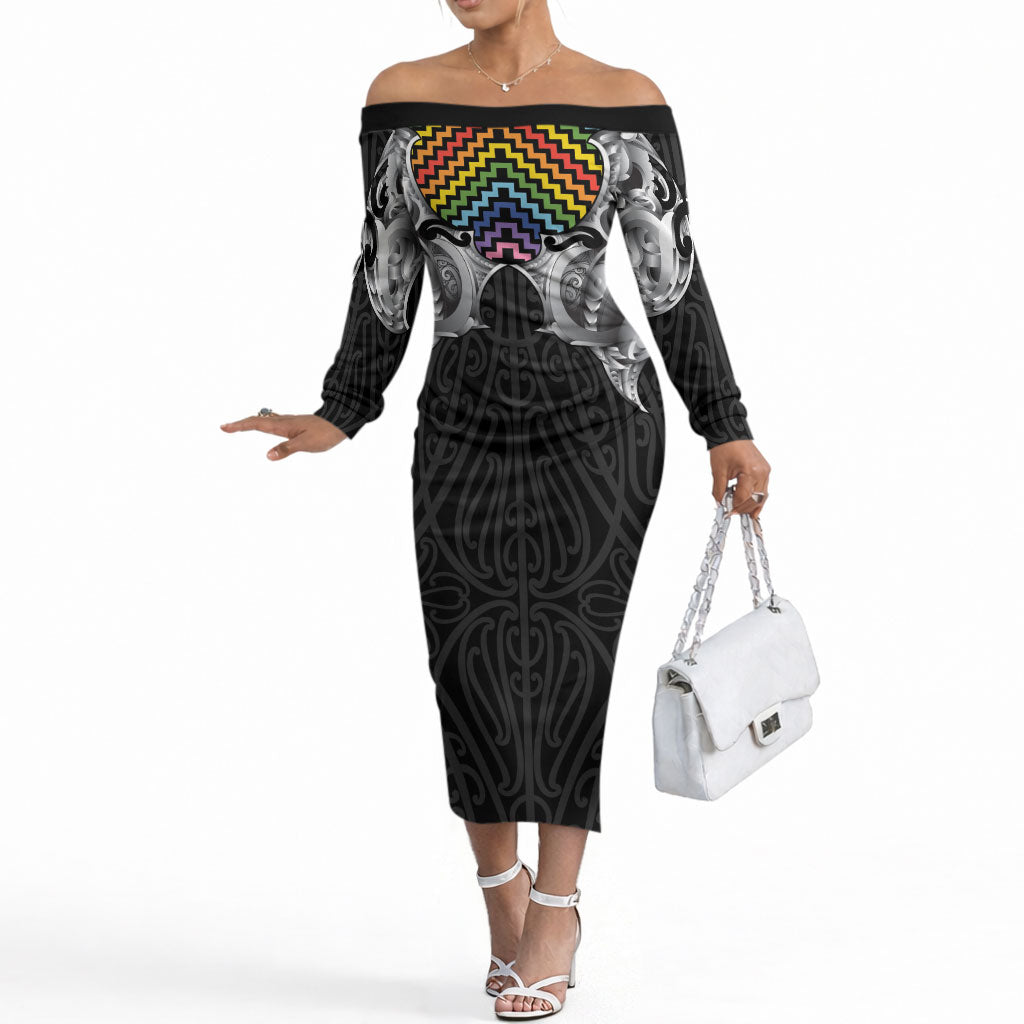 Aotearoa Kowhaiwhai Poutama Rainbow Motif Off The Shoulder Long Sleeve Dress LT9 Women Rainbow - Polynesian Pride