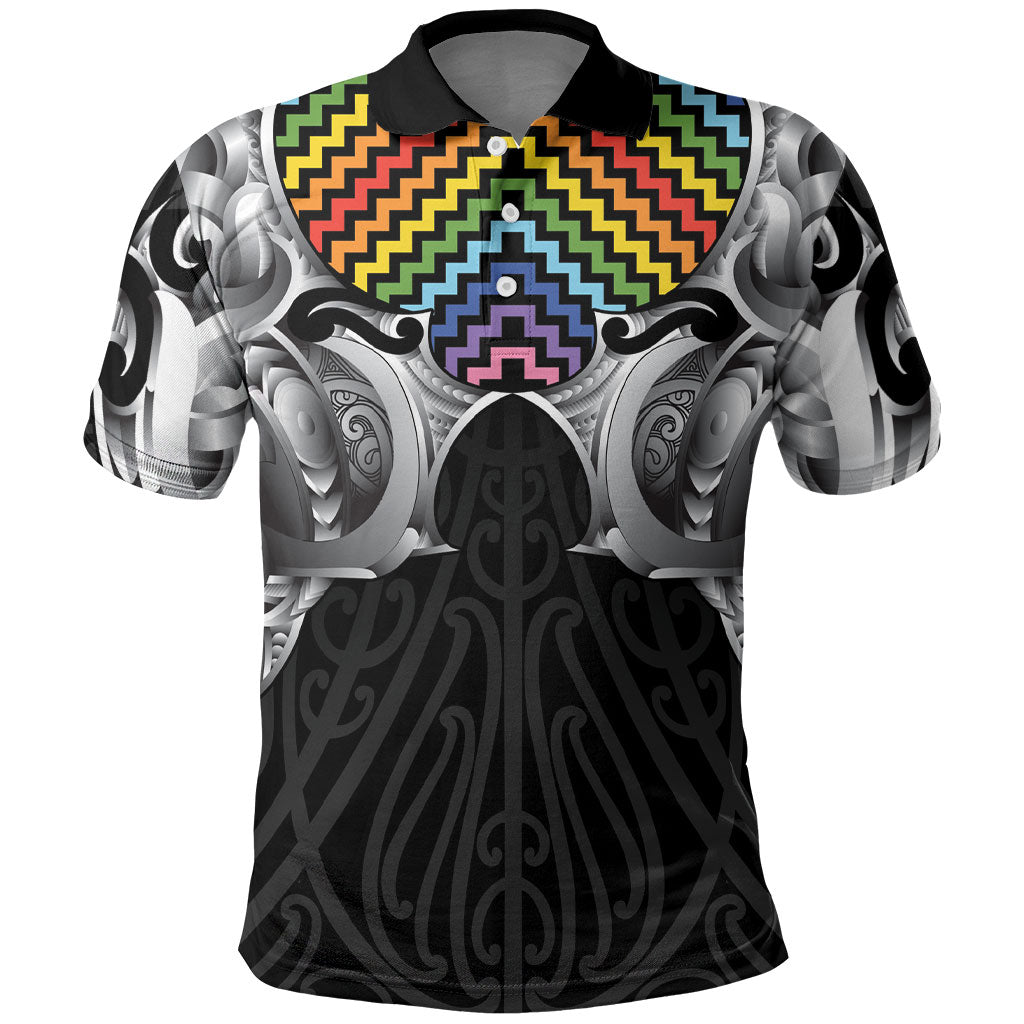 Aotearoa Kowhaiwhai Poutama Rainbow Motif Polo Shirt