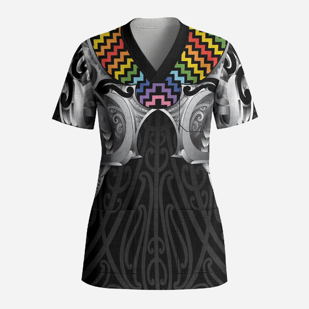 Aotearoa Kowhaiwhai Poutama Rainbow Motif Scrub Top