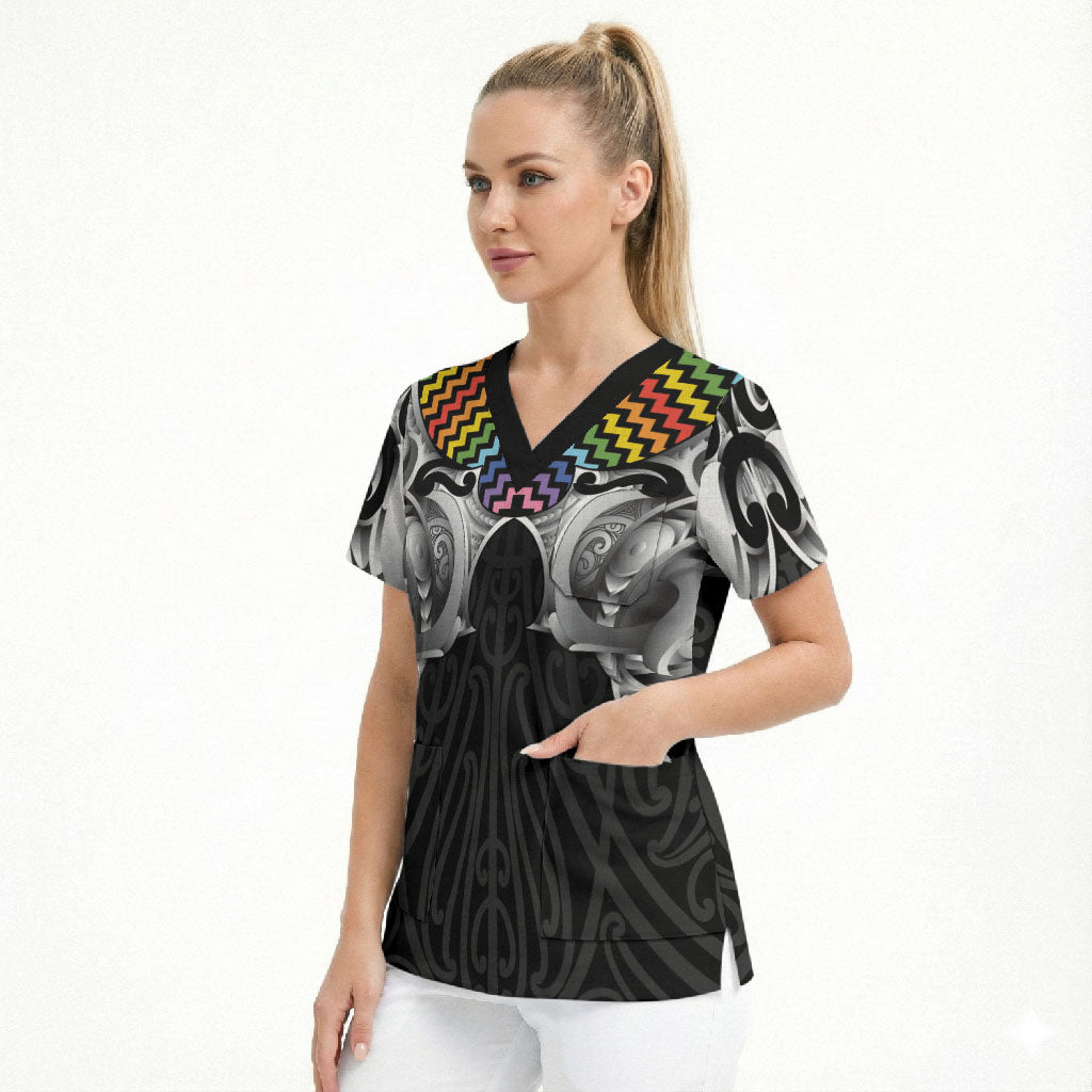 Aotearoa Kowhaiwhai Poutama Rainbow Motif Scrub Top
