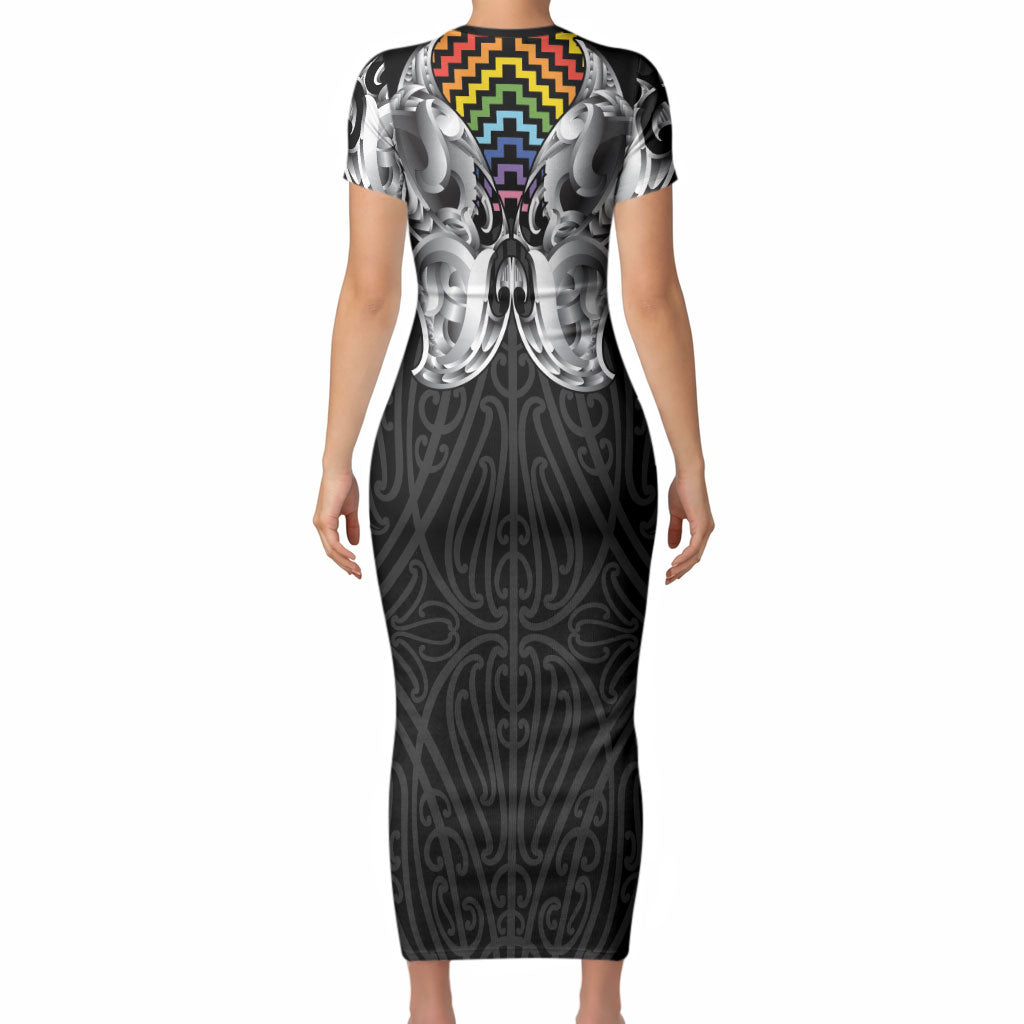 Aotearoa Kowhaiwhai Poutama Rainbow Motif Short Sleeve Bodycon Dress LT9 - Polynesian Pride