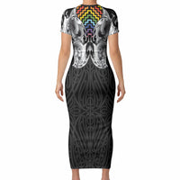 Aotearoa Kowhaiwhai Poutama Rainbow Motif Short Sleeve Bodycon Dress LT9 - Polynesian Pride