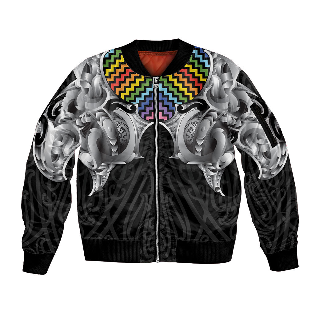 Aotearoa Kowhaiwhai Poutama Rainbow Motif Sleeve Zip Bomber Jacket