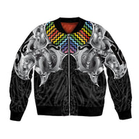 Aotearoa Kowhaiwhai Poutama Rainbow Motif Sleeve Zip Bomber Jacket