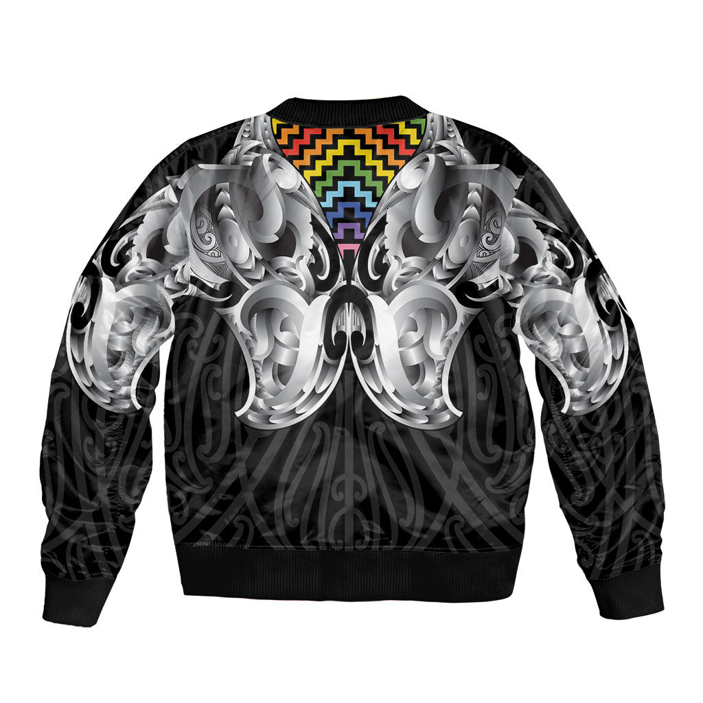 Aotearoa Kowhaiwhai Poutama Rainbow Motif Sleeve Zip Bomber Jacket