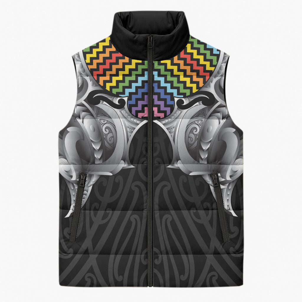 Aotearoa Kowhaiwhai Poutama Rainbow Motif Sleeveless Puffer Jacket