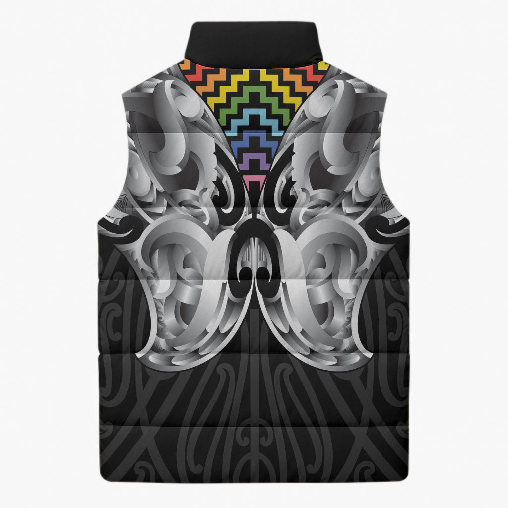 Aotearoa Kowhaiwhai Poutama Rainbow Motif Sleeveless Puffer Jacket