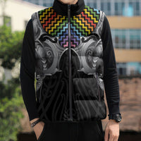 Aotearoa Kowhaiwhai Poutama Rainbow Motif Sleeveless Puffer Jacket