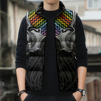 Aotearoa Kowhaiwhai Poutama Rainbow Motif Sleeveless Puffer Jacket