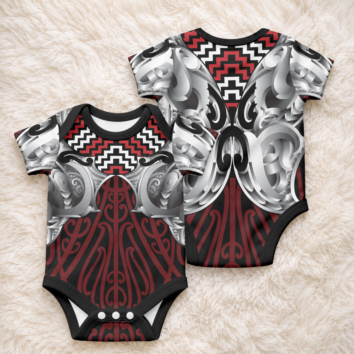 Aotearoa Kowhaiwhai Poutama Red Motif Baby Onesie