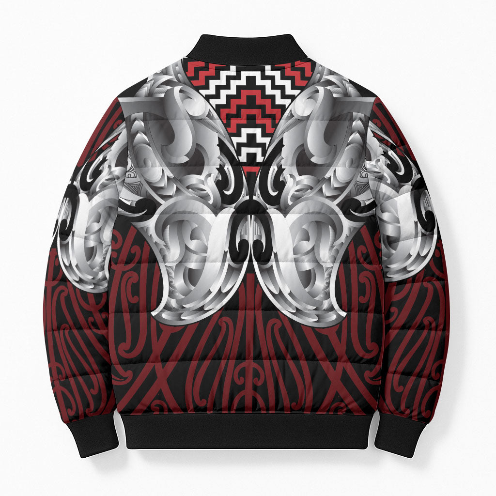 Aotearoa Kowhaiwhai Poutama Red Motif Bomber Puffer Jacket