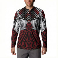 Aotearoa Kowhaiwhai Poutama Red Motif Button Sweatshirt