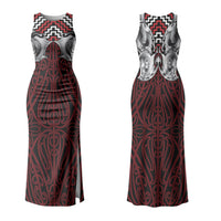 Aotearoa Kowhaiwhai Poutama Red Motif Couples Matching Tank Maxi Dress and Long Sleeve Button Shirt LT9 - Polynesian Pride