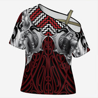 Aotearoa Kowhaiwhai Poutama Red Motif Cross Shoulder Shirt