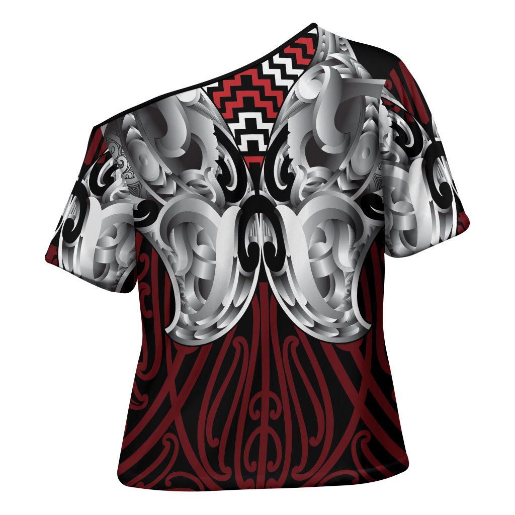 Aotearoa Kowhaiwhai Poutama Red Motif Cross Shoulder Shirt