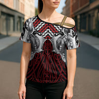 Aotearoa Kowhaiwhai Poutama Red Motif Cross Shoulder Shirt