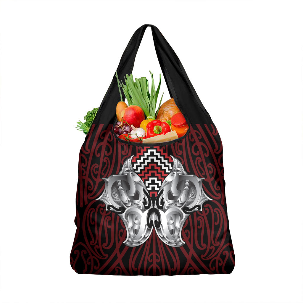 Aotearoa Kowhaiwhai Poutama Red Motif Grocery Bag