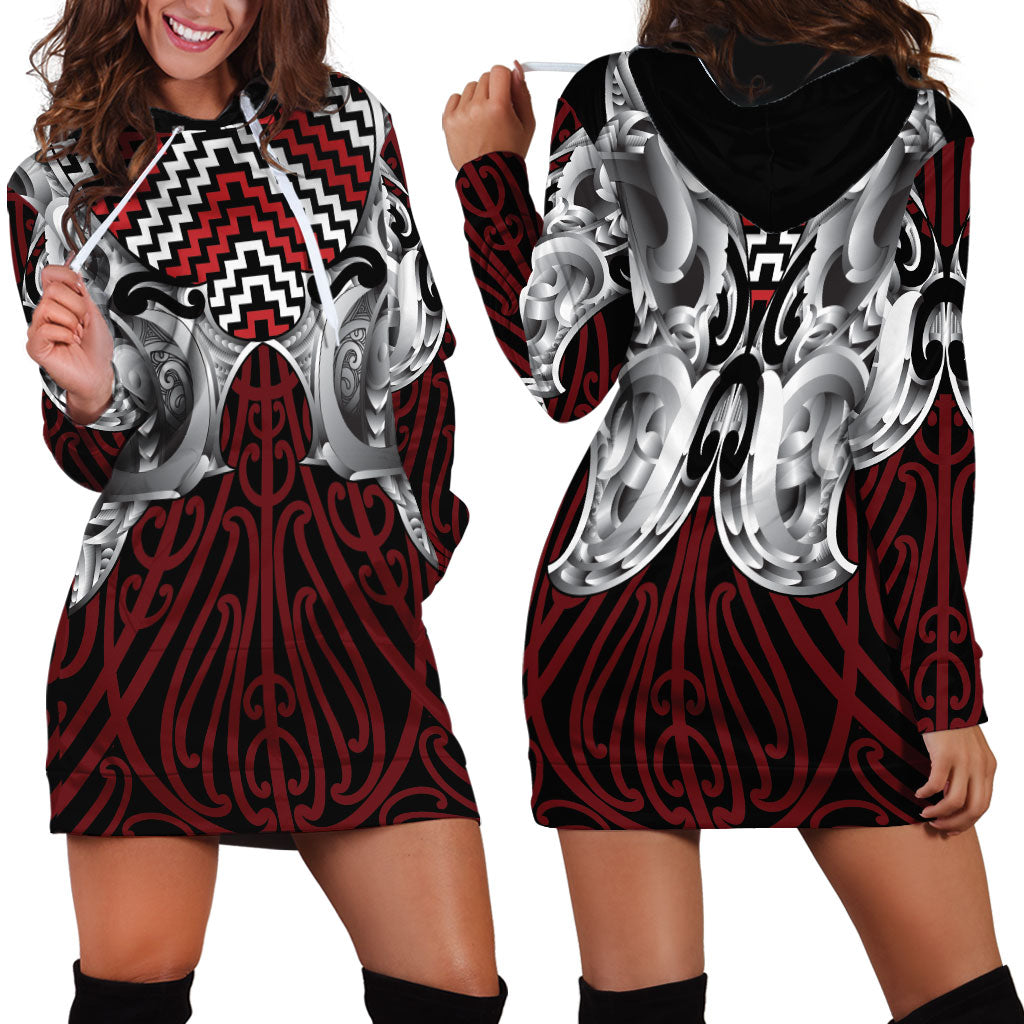 Aotearoa Kowhaiwhai Poutama Red Motif Hoodie Dress LT9 - Polynesian Pride