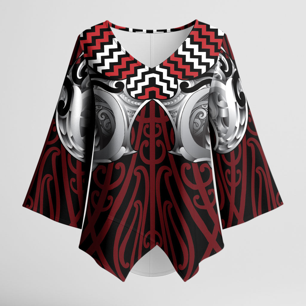 Aotearoa Kowhaiwhai Poutama Red Motif Kimono Sleeve Blouse