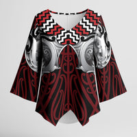 Aotearoa Kowhaiwhai Poutama Red Motif Kimono Sleeve Blouse