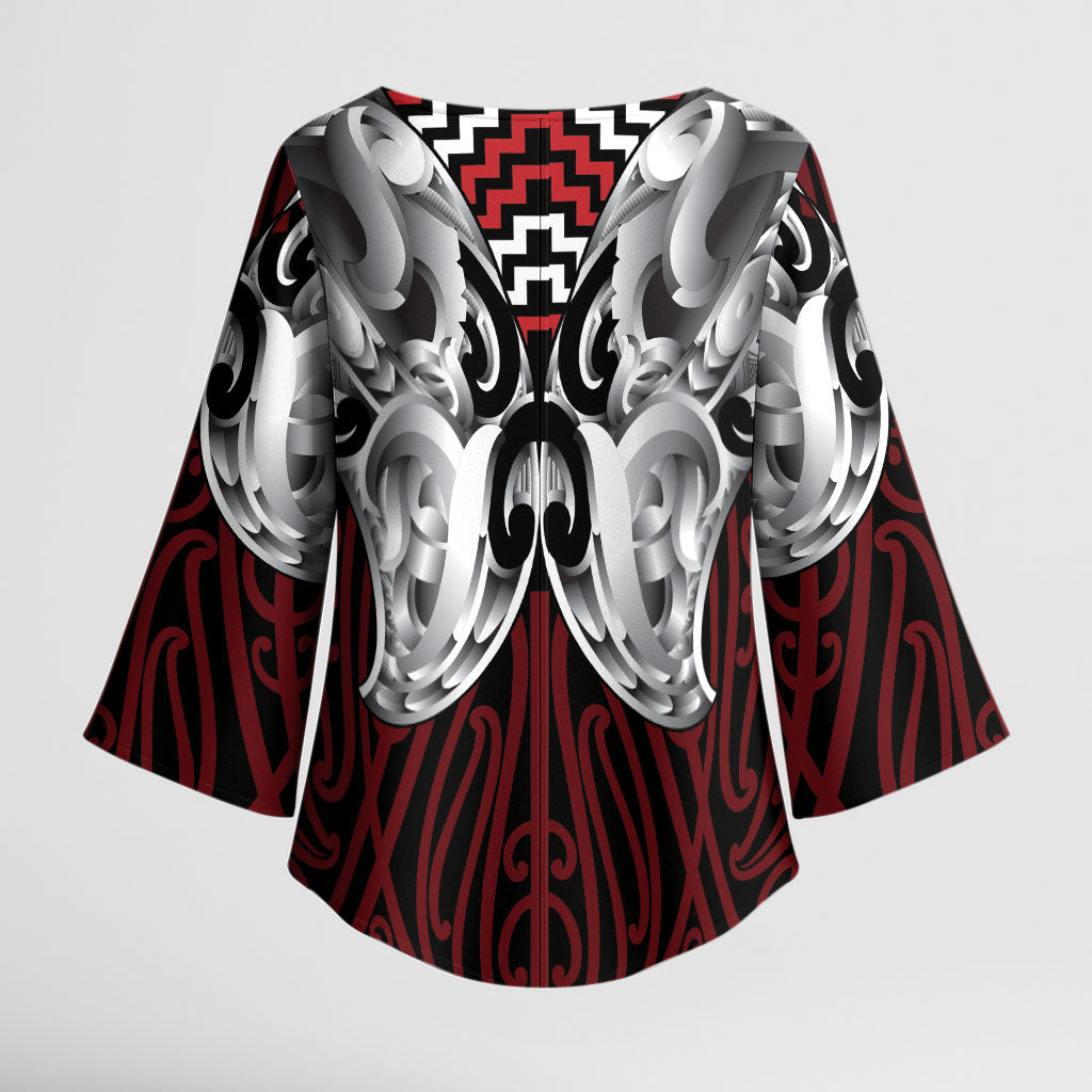 Aotearoa Kowhaiwhai Poutama Red Motif Kimono Sleeve Blouse