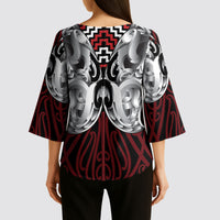 Aotearoa Kowhaiwhai Poutama Red Motif Kimono Sleeve Blouse