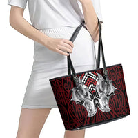Aotearoa Kowhaiwhai Poutama Red Motif Leather Tote Bag