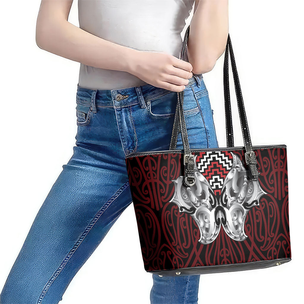Aotearoa Kowhaiwhai Poutama Red Motif Leather Tote Bag