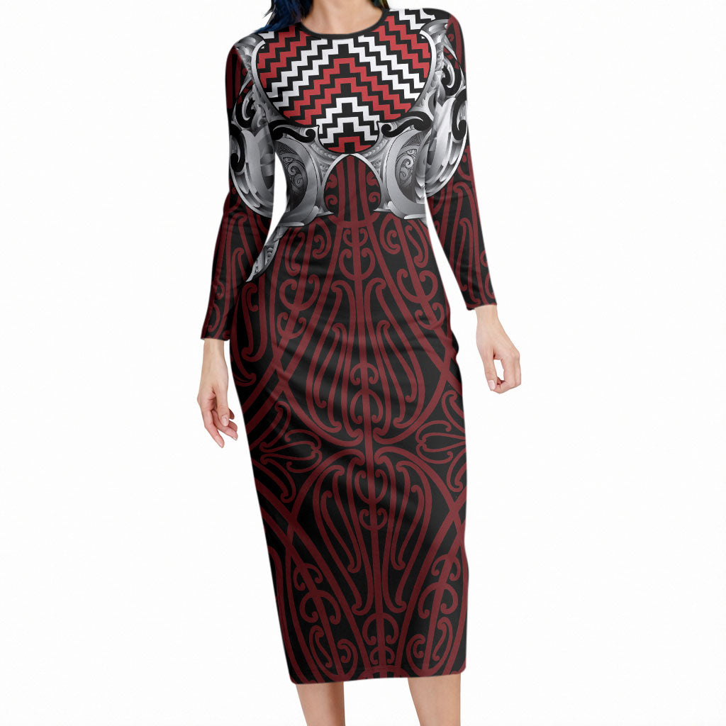 Aotearoa Kowhaiwhai Poutama Red Motif Long Sleeve Bodycon Dress LT9 Long Dress Red - Polynesian Pride