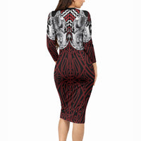 Aotearoa Kowhaiwhai Poutama Red Motif Long Sleeve Bodycon Dress LT9 - Polynesian Pride