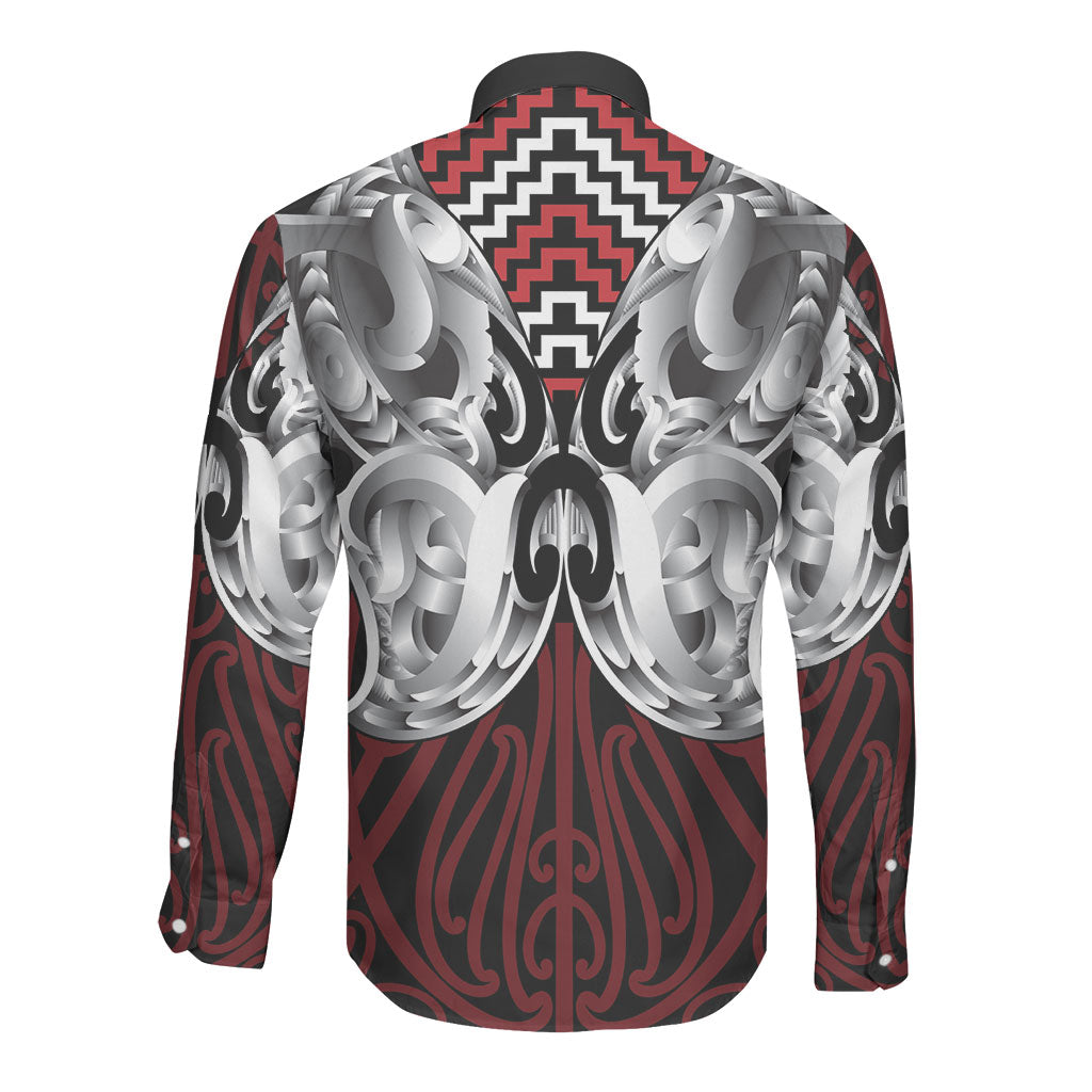 Aotearoa Kowhaiwhai Poutama Red Motif Long Sleeve Button Shirt