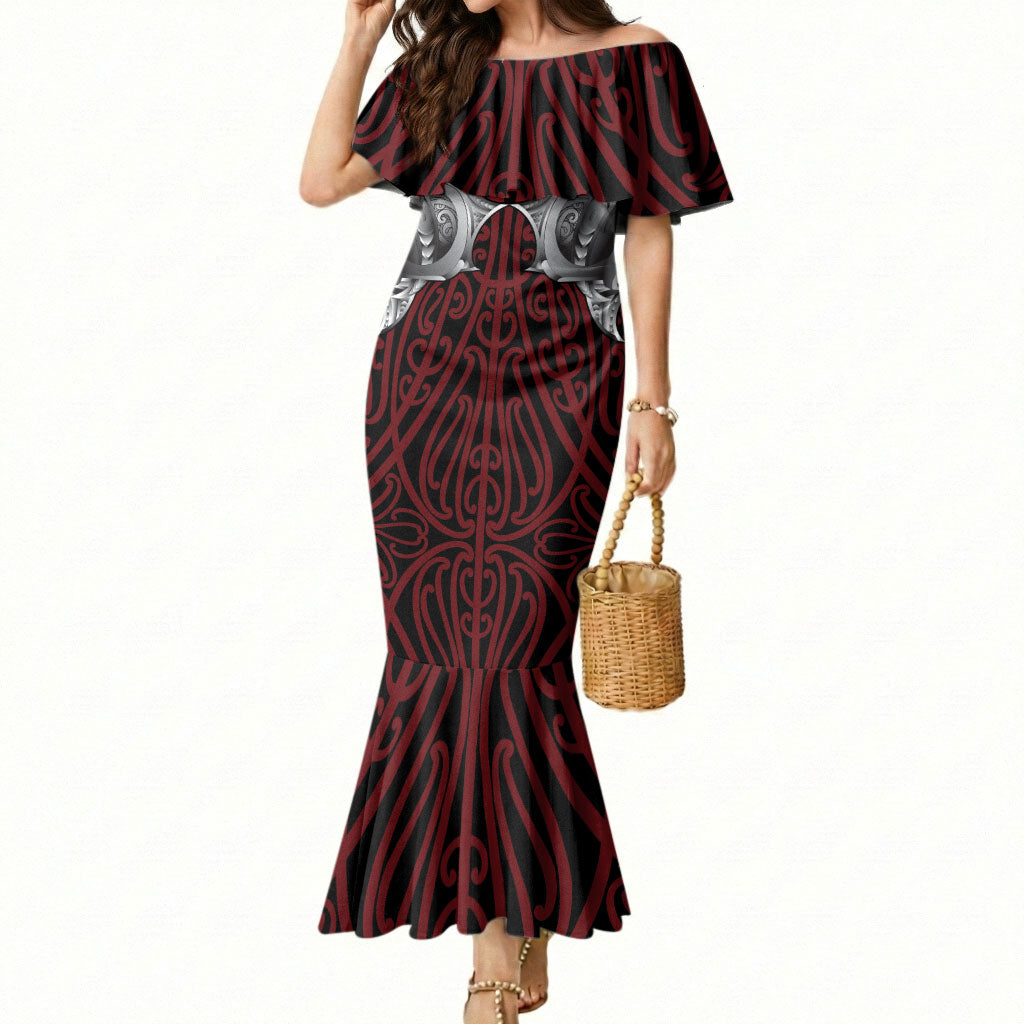 Aotearoa Kowhaiwhai Poutama Red Motif Mermaid Dress LT9 Women Red - Polynesian Pride