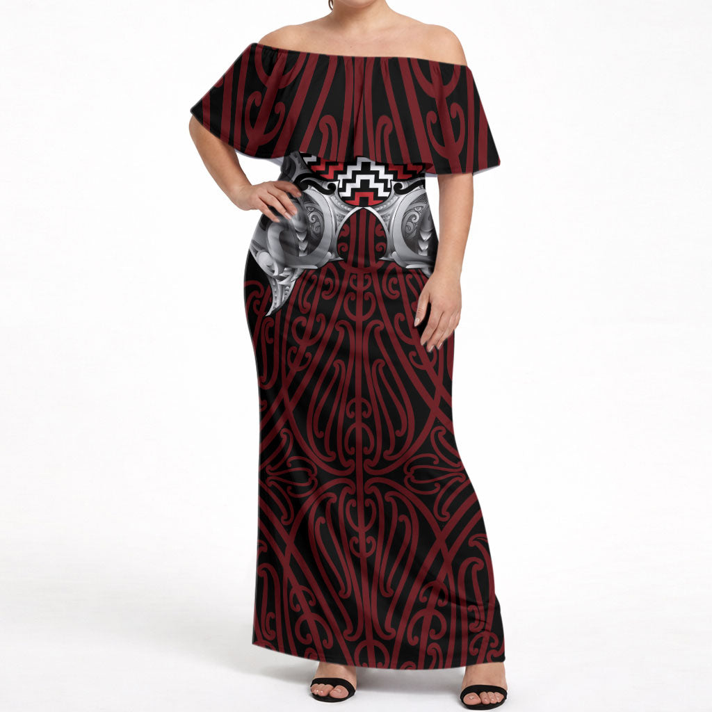 Aotearoa Kowhaiwhai Poutama Red Motif Off Shoulder Maxi Dress